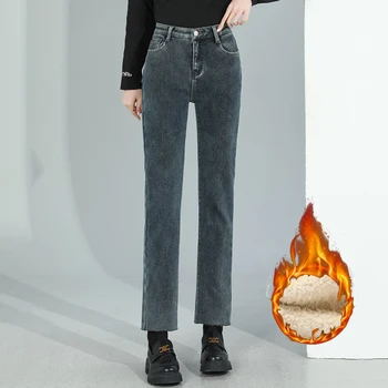 2023 Зимние женские бархатные Толстые теплые джинсы из денима, широкие прямые брюки со средней талией, свободные по щиколотку, Y2k, синие Черные флисовые брюки