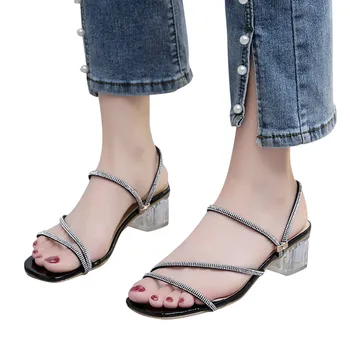 2023 летние сандалии на низком каблуке женская мода стразами ремешок Кристалл обувь больших размеров прозрачные каблуки платформы сандалии