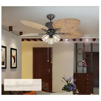 52-дюймовый потолочный вентилятор, реверсивная люстра из 5 пальмовых листьев с дистанционным управлением, светодиодная лампа для домашнего декора