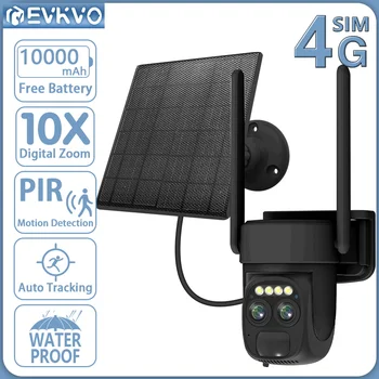 EVKVO 4K 8MP 4G PTZ Двухобъективная WIFI Солнечная камера Аккумулятор PIR Отслеживание человека Наружная камера видеонаблюдения IP-камера