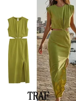 TRAF 2023 Женская льняная смесь, открывающий дизайн, Миди Длинные платья, модные винтажные летние Повседневные Элегантные облегающие платья