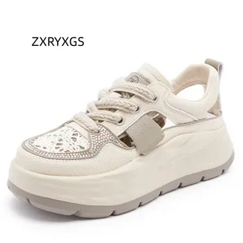 ZXRYXGS 2023 Летние Круглые босоножки из искусственной кожи премиум-класса на шнуровке, Полые Летние Римские сандалии в стиле кроссовок, Сандалии на толстой подошве повышенной прочности