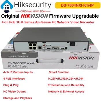 Видеорегистратор Hikvision DS-7604NXI-K1/4P с 4-канальным PoE 1U Серии K с интеллектуальной функцией AcuSense 4K HD Видеовыход Оригинальный двусторонний звук
