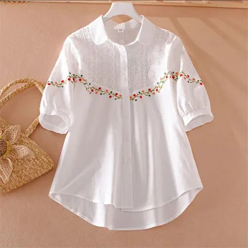Вышитые блузки для женщин, Белый топ, Национальная летняя одежда, кардиган с лацканами, женская рубашка, женская рубашка из чистого хлопка, Винтажная