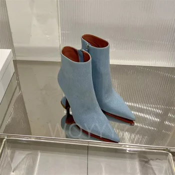 Джинсовые сапоги до середины икры Дизайнерские пикантные вечерние туфли на высоком каблуке с острым носком Модные женские короткие ботинки на необычном каблуке подиумного бренда Botas