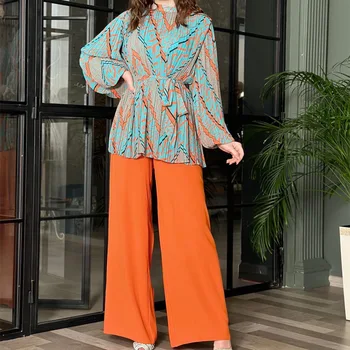 Европейская и американская женская мода 2023, Осенняя плиссированная темпераментная рубашка с пузырчатыми рукавами и высокой талией, комплект широких брюк
