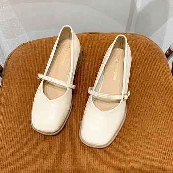 Женская обувь, туфли-лодочки, туфли Мэри Джейн, лакированная кожа, квадратные каблуки, Женские туфли на высоком каблуке с пряжкой и квадратным носком, белые 35-40