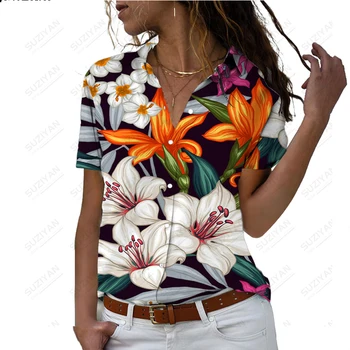 Женская рубашка с короткими рукавами, на пуговицах с лацканами, одежда с 3D-принтом, простая и повседневная, Гавайские виридипланты, летние большие