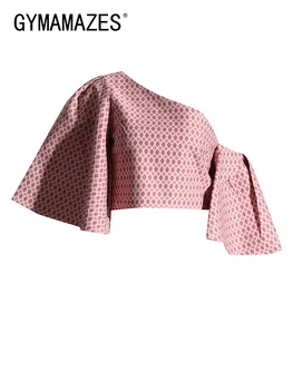 Женская рубашка с нерегулярным темпераментом GYMAMAZES С косым воротником и рукавом-бабочкой, блузка с принтом, Женская модная одежда 2023 Года, Новинка