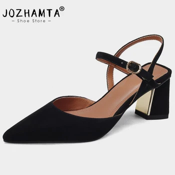 Женские босоножки на каблуке JOZHAMTA Размера 34-40, Летние женские туфли на высоком каблуке 2023, женская обувь из натуральной кожи с пряжкой, сексуальные сандалии на массивном каблуке