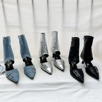 Женские ботильоны с острым носком, летние сандалии, молния сзади, черный, синий, серебристый цвет, пряжка для ремня, вечерние туфли-лодочки на тонком высоком каблуке, носки-боты