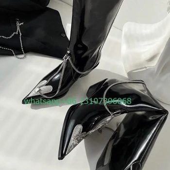 Женские ботинки из искусственной кожи в ковбойском стиле с острым носком и массивным каблуком, металлические пикантные ботинки в готическом стиле, панк, новые рок-ботинки, размер 35-40