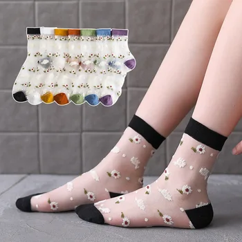 Женские милые носки с цветочной вышивкой в японском стиле Каваи для девочек, летние тонкие хлопковые прозрачные белые короткие чулки-лодыжки