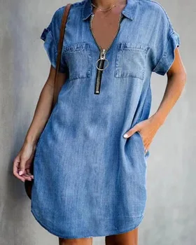 Женские повседневные платья с коротким рукавом 2023, летнее свободное джинсовое платье-рубашка на молнии с отворотом, S-3XL