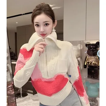 Женские свитера контрастного цвета Hikigawa, пуловеры с отложным воротником и длинными рукавами, милые универсальные свободные джемперы в стиле гранж для женщин