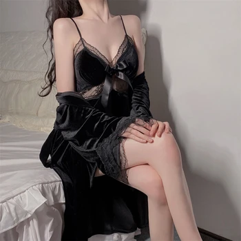 Женский халат и комплект из 2 предметов, Свадебное кружевное Сексуальное Кимоно для невесты, Черный велюровый халат, ночное платье, повседневная ночная рубашка, пижамы