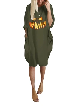 Женское платье для сна на Хэллоуин, свободное платье с круглым вырезом и длинным рукавом, с принтом гримасы, с карманом на боку, Ночная рубашка