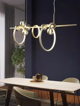 Золотая Современная креативная светодиодная люстра с круглыми кольцами из дымчатого стекла, Длинная подвесная лампа для столовой, кухни, бара, кафе, офиса