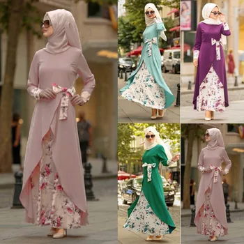 Исламская одежда, платье с принтом, женская мусульманская мода, большие размеры, длинный рукав, круглый вырез, длинные платья с высокой талией