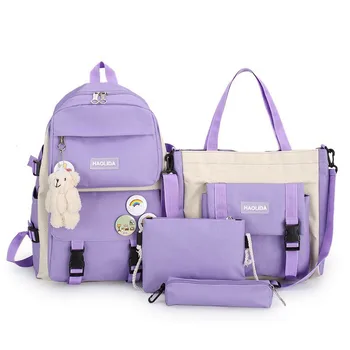 Комплект из 4 предметов, женский рюкзак для ноутбука Harajuku, холщовые школьные сумки для девочек-подростков, Kawaii, Студенческая детская сумка для книг, рюкзак