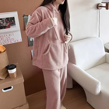 Корейский стиль, осенне-зимняя пижама, однотонный женский теплый толстый пижамный комплект, Фланелевая одежда для отдыха с капюшоном, может быть верхней одеждой
