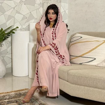 Модное Шифоновое Платье-Хиджаб с Цветочной Вышивкой Abaya для Женщин, Розовое Платье С V-образным Вырезом И Длинным Рукавом, Свободный Арабский Мусульманский Дубайский Марокканский Кафтан