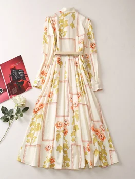 Модные для подиума Весенне-летние женские платья с длинными рукавами 2023, элегантные праздничные платья с цветочным принтом, халат с воротником-бабочкой