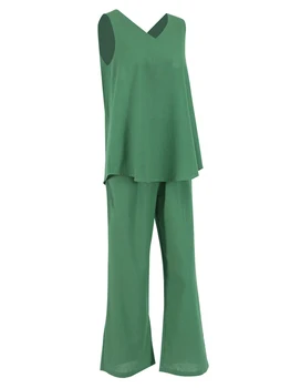 Модный женский льняной пижамный комплект 2023, стильные топы с V-образным вырезом и свободные длинные брюки - Модные наряды для отдыха из 2 предметов