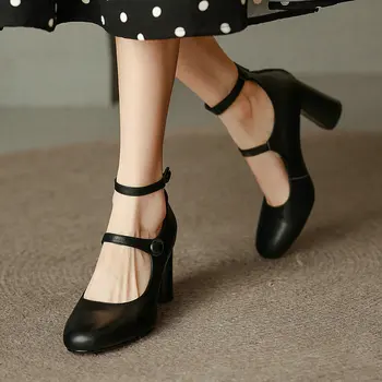 Натуральная кожа, замша, круглый носок, ретро Винтаж, ремешок с двойной пряжкой, массивные женские туфли-лодочки на высоком каблуке, офисные черные туфли Mary Janes на каблуке
