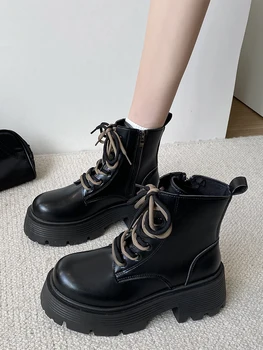 Новые женские ботильоны с толстым дном, осень-зима 2023, короткие ботинки с боковой молнией, обувь для студенток на платформе, женская обувь