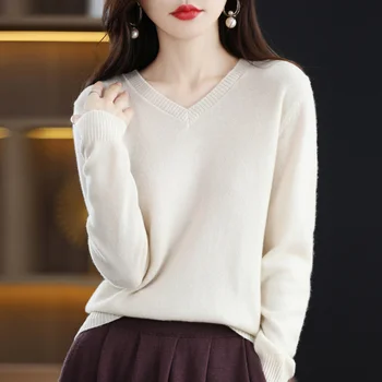 Осенне-зимний женский новый модный однотонный пуловер из 100% шерсти с небольшим V-образным вырезом, вязаный из 100% шерсти, Модная универсальная блузка