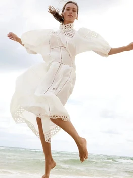 Осень 2023, новый стиль, однобортное платье со стоячим вырезом и вышивкой, Полая шнуровка на талии, длинное платье с рукавами-фонариками