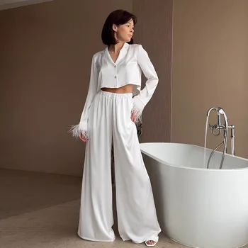 Пижамы с перьями NHKDSASA Для женщин, комплекты из 2 предметов, Белый укороченный топ с длинным рукавом, Свободные Женские брючные костюмы, Летняя Повседневная пижама