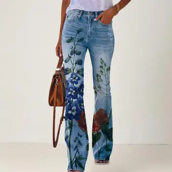 Популярные поддельные джинсовые брюки с застежкой-молнией, быстросохнущие женские повседневные поддельные джинсовые брюки с принтом