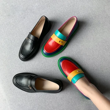 Разноцветные женские тонкие туфли с толстой подошвой, весенние мокасины с круглым носком, квадратный каблук, металлическая буква Zapatos Mujer