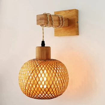 Ретро Настенный светильник из Плетеного Ротанга, Деревянные Бра, Прикроватная лампа для гостиной, Винтажное Освещение для украшения спальни