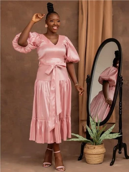 Розовые простые элегантные вечерние платья для женщин, рукава-фонарики, складки до середины икры, Летние Милые женские повседневные нарядные платья