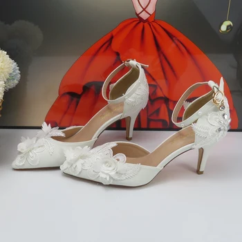 Свадебные туфли с белым цветком, женские вечерние туфли на тонком каблуке с острым носком, обувь с пряжкой и ремешком на щиколотке, Бесплатная доставка