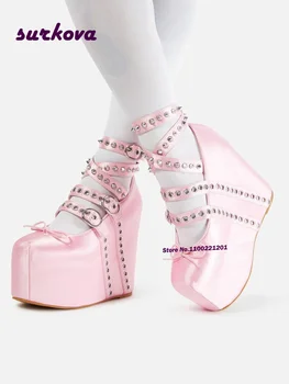 Сладкий розовый балет каблуки платформы клинья лодыжки пряжка ремень насосы атласная бабочка-узел женская Solid насосы 2023 новые роскошные туфли