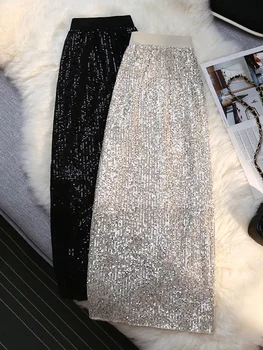 Эластичная винтажная юбка с пайетками, сексуальная клубная одежда, модные длинные юбки Миди в стиле хиппи с высокой талией для женщин